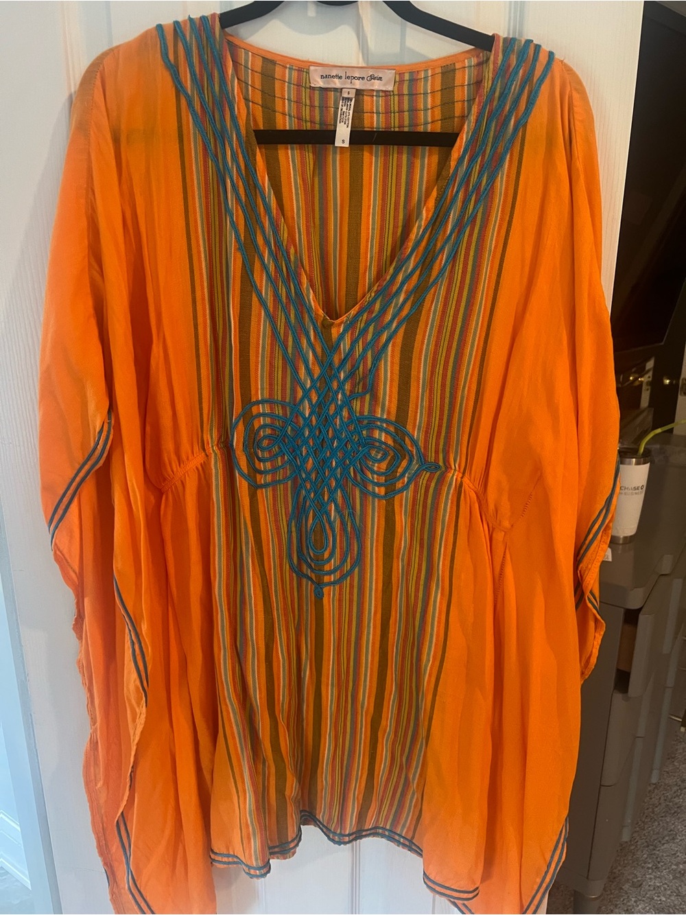 Sunset Orange Embroidered V-Neck Tunic by Natalie Joans!.